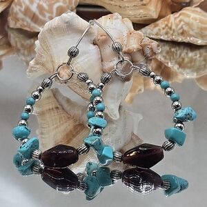 Handmade Natural Turquoise Chips and Brown Glass Beaded Hoop Earrings